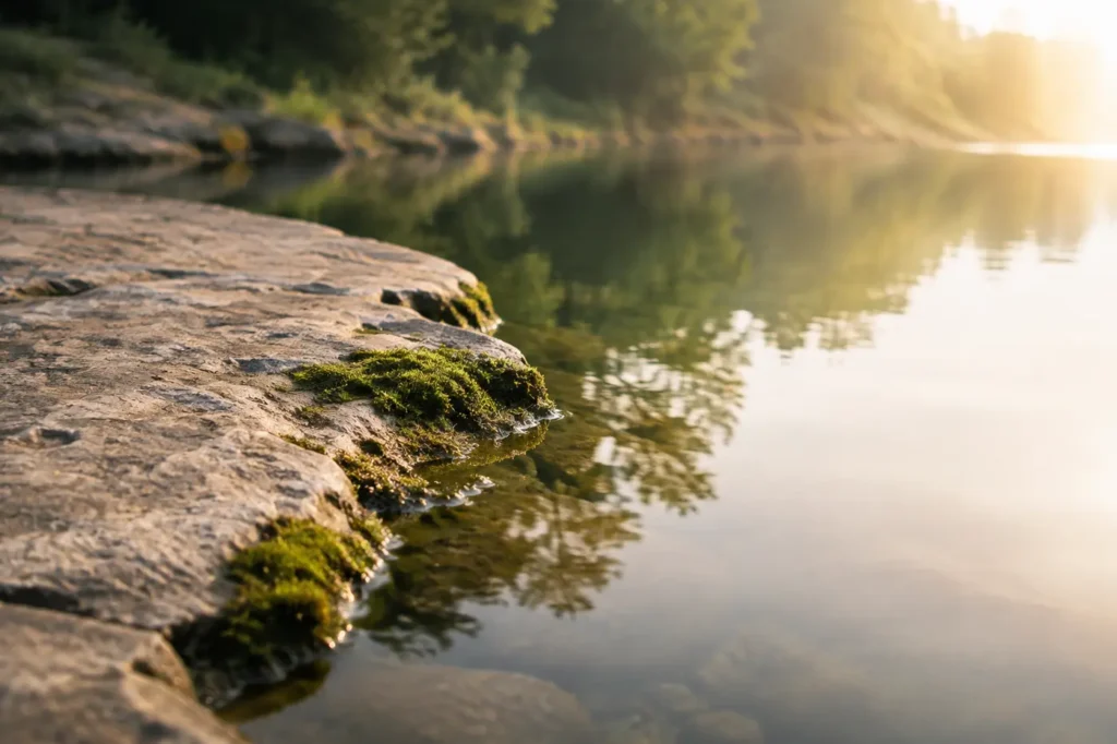 Lago calmo tra rocce e bosco, immagine dell’approccio psicologico transpersonale